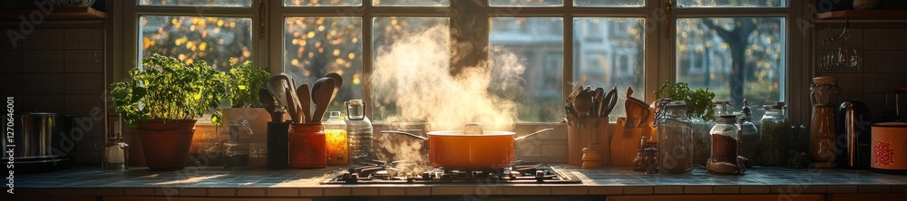Sunlit Kitchen with Steam and Herb Pots. Generative AI Sunlit Kitchen with Steam and Herb Pots. Generative AI