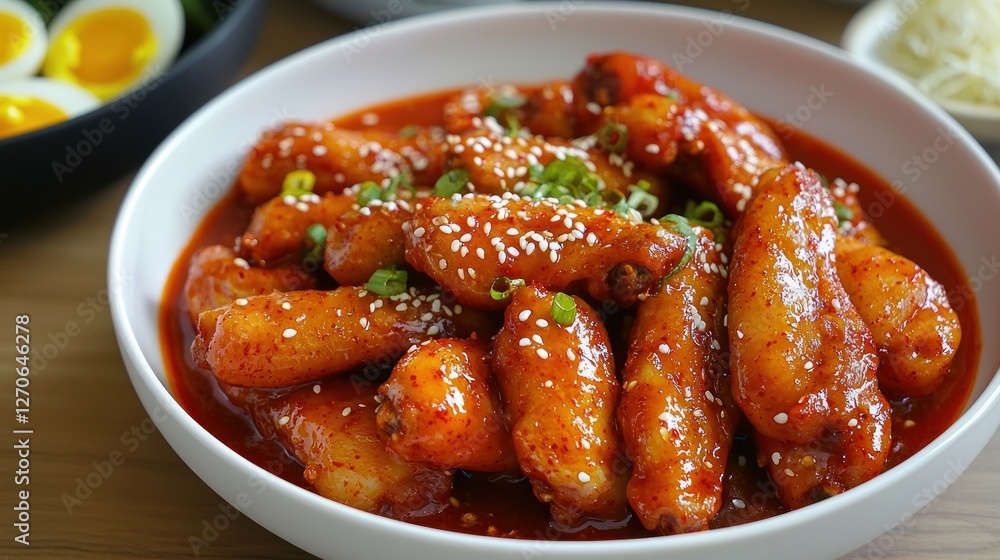 Spicy korean chicken wings garnished with sesame seeds and scallions