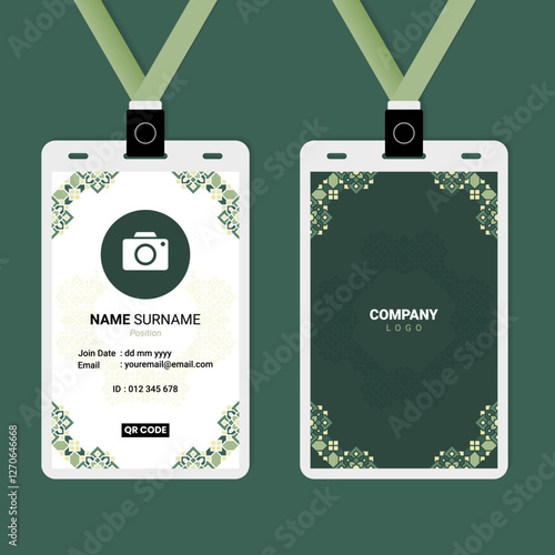 ID Card Design with Green Pastel Islamic Ornament Frame Border