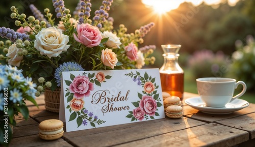 Elegant bridal shower invitation card displayed on a table with flowers and refreshments
