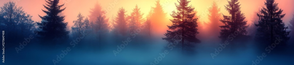Sunset Over a Misty Forest with Silhouetted Trees. Generative AI Sunset Over a Misty Forest with Silhouetted Trees. Generative AI