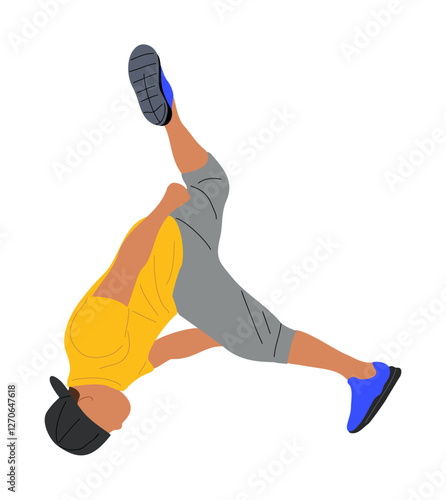 Young man dancer in freestyle break-dance movement. Breakdance, hip-hop , street style, sport dance pose. Flat vector colorful realistic illustration isolated