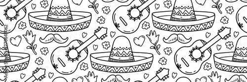Mexico doodle pattern. Cinco de mayo celebration background. Mexican sombrero and guitar and other culture elements. For wallpaper or fabric. Vector outline illustration.