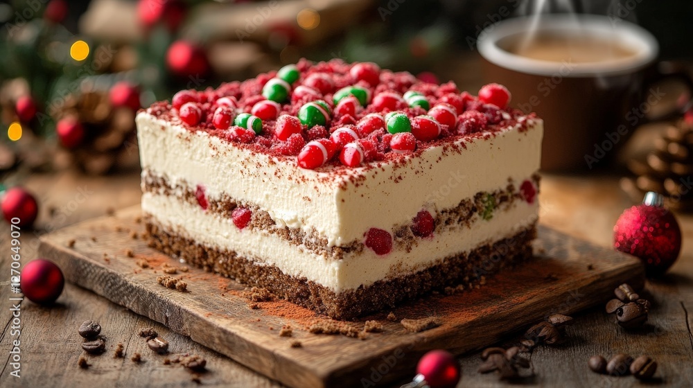 A festive dessert featuring layers of cream and garnished with colorful candies. A festive dessert featuring layers of cream and garnished with colorful candies.