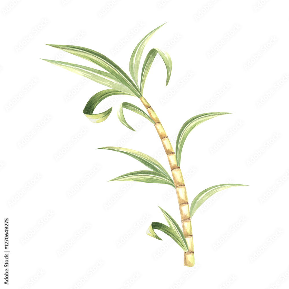 Fototapeta premium Sugar cane stalk with leaves. Bamboo. Hand drawn watercolor illustration isolate. Fresh sweet ripe stem for sugar production. Ingredient for rum, alcoholic drink. Clipart for food industry, packaging.
