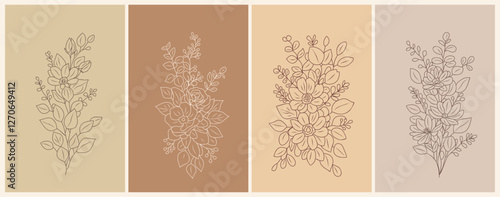Wildflower line art bouquets set. Hand drawn flowers, meadow herbs, wild plants, botanical elements for arrangements, invitation, greeting cards, wall art, logo, tattoo design. Vector illustration.