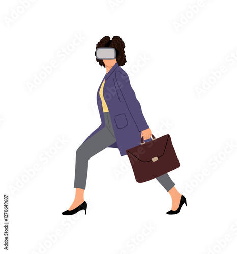 Business woman in formal outfit and virtual reality headset. Pretty lady boss wearing digital glasses walking with briefcase side view. Modern technologies. Vector illustration isolated
