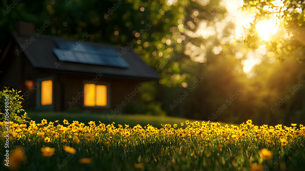 Obraz premium Warm Sunlight on a Country Home with Meadow and Sunset