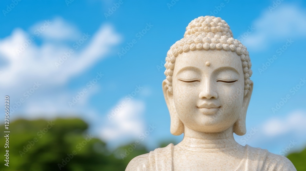 A serene Buddha statue against a bright blue sky, embodying tranquility and mindfulness. A serene Buddha statue against a bright blue sky, embodying tranquility and mindfulness.
