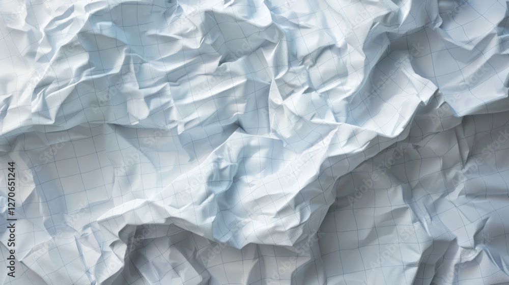 a piece of crumpled white paper with delicate grid lines, shown in fine detail. The texture should be lifelike a piece of crumpled white paper with delicate grid lines, shown in fine detail. The texture should be lifelike