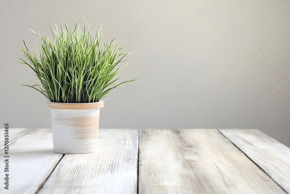 Potted grass on wood table, neutral background Potted grass on wood table, neutral background