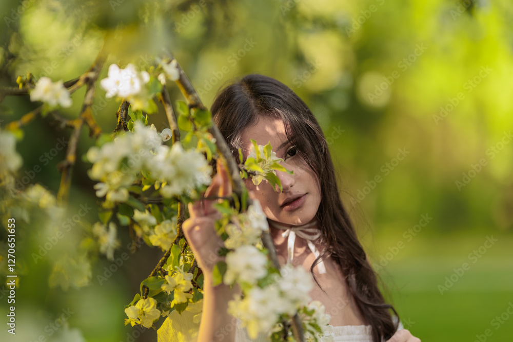 Beautiful Girl with long hair poses near white blossoming apple trees Beautiful Girl with long hair poses near white blossoming apple trees