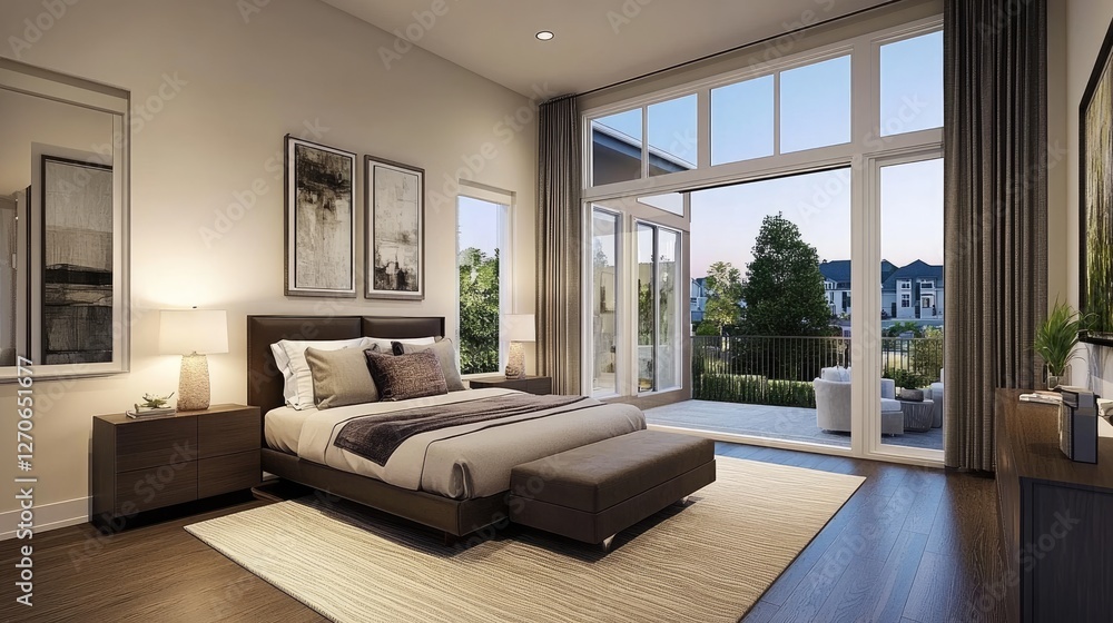 A bedroom filled with soft lighting and earthy tones, creating a restful, distraction-free space A bedroom filled with soft lighting and earthy tones, creating a restful, distraction-free space
