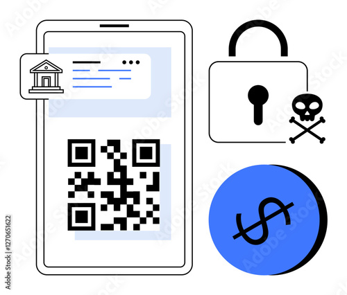 Smartphone screen with QR code, bank information, padlock, crossed dollar sign, and skull-and-crossbones. Ideal for cybersecurity, fraud detection, financial security, mobile banking internet