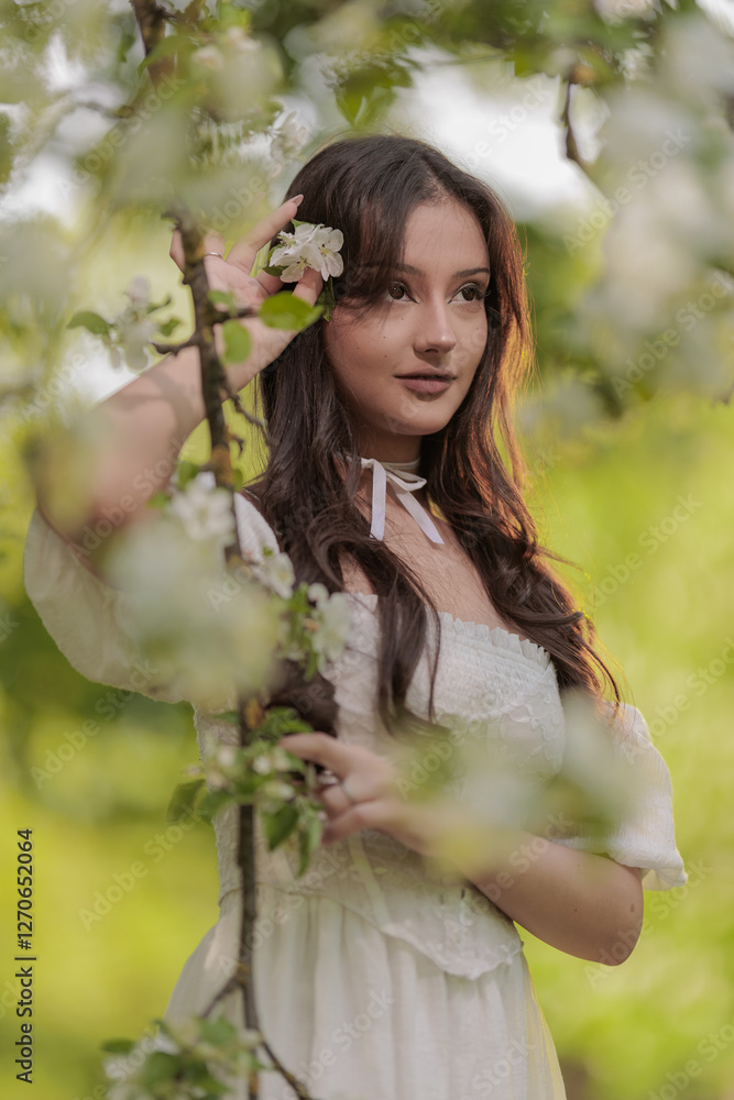 Fototapeta premium Beautiful Girl with long hair poses near white blossoming apple trees