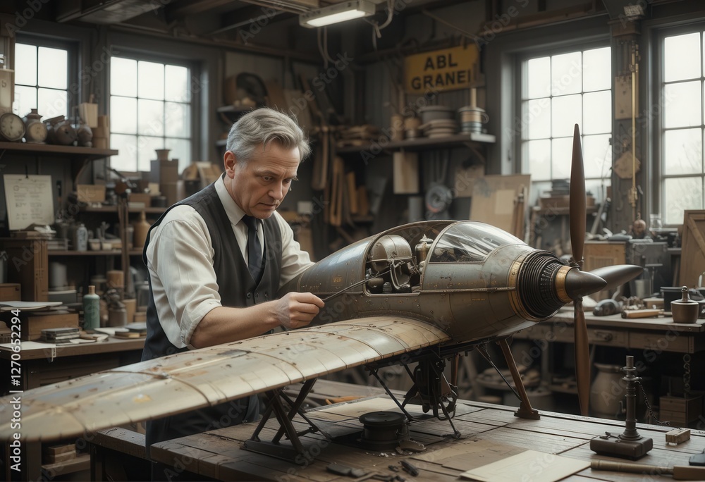 Craftsman constructs detailed airplane model in workshop Craftsman constructs detailed airplane model in workshop