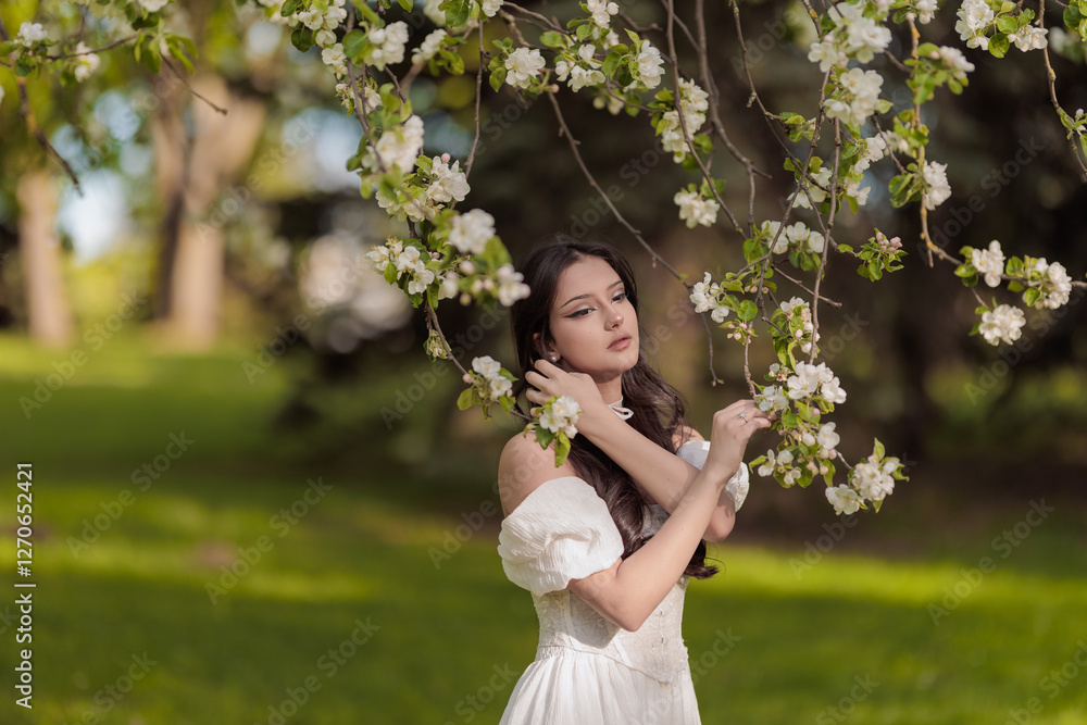 Beautiful Girl with long hair poses near white blossoming apple trees Beautiful Girl with long hair poses near white blossoming apple trees