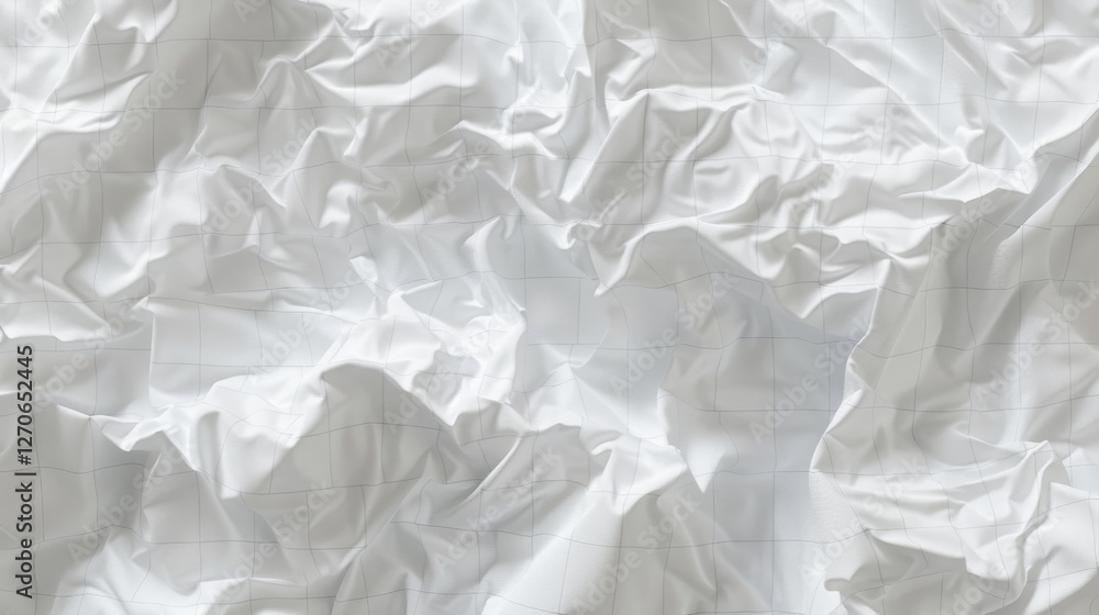 a piece of white paper crumpled with a delicate grid overlay, depicted in ultra-realistic detail. The folds and creases should create a rich texture a piece of white paper crumpled with a delicate grid overlay, depicted in ultra-realistic detail. The folds and creases should create a rich texture
