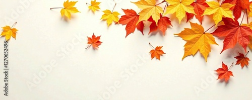 Golden hues of autumn leaves scattered across a plain white surface, autumn leaves, foliage