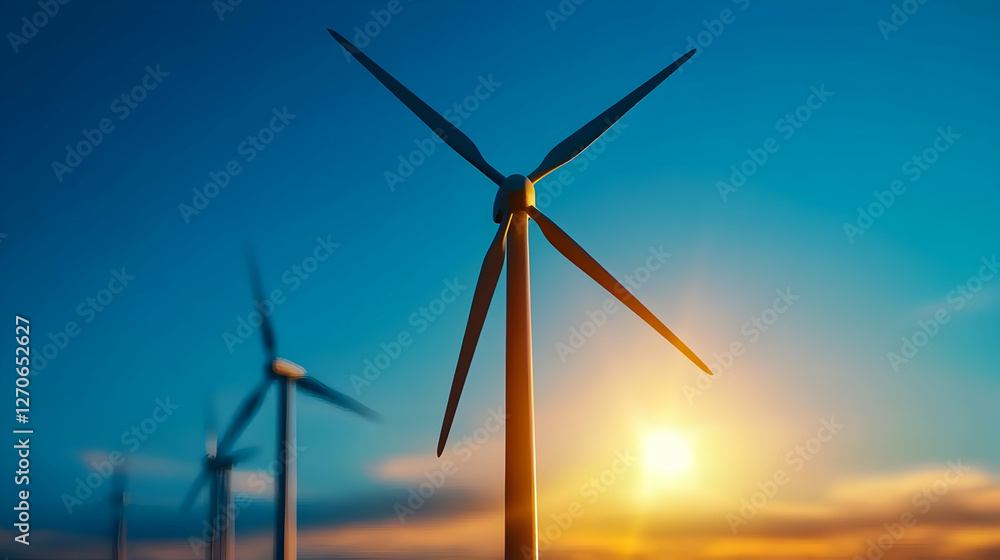 Obraz premium Wind Turbines at Sunset Generating Renewable Energy Under a Blue Sky