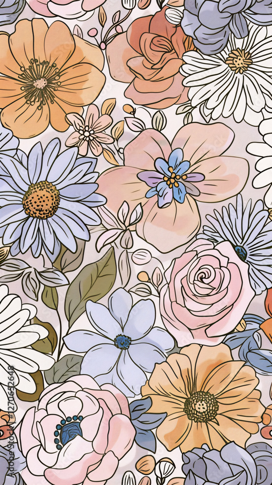 Fototapeta premium floral and leaf seamless patterns in doodle-style tile designs with graphic format