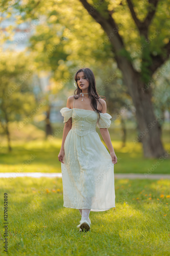 Beautiful Girl with long hair poses near white blossoming apple trees Beautiful Girl with long hair poses near white blossoming apple trees