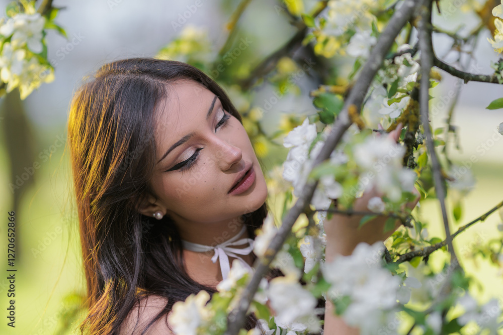 Beautiful Girl with long hair poses near white blossoming apple trees Beautiful Girl with long hair poses near white blossoming apple trees