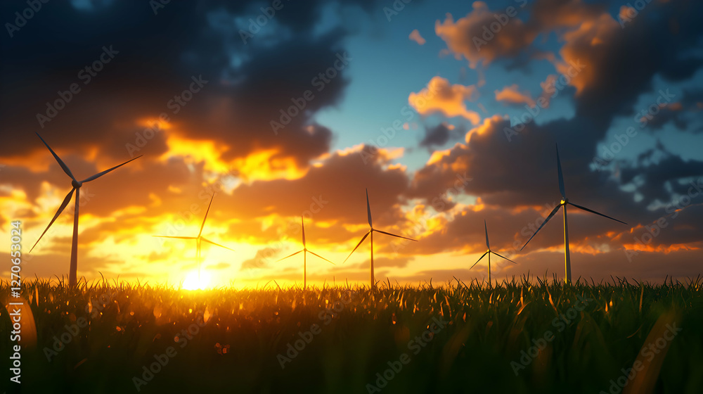 Fototapeta premium Wind Turbines in a Field at Sunset with Dramatic Cloudy Sky Alternative Energy