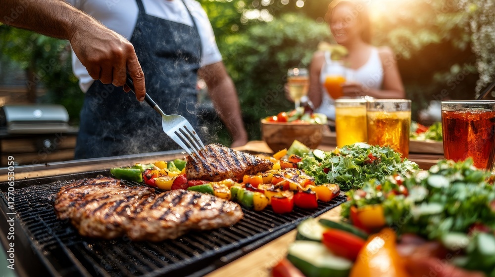 Fototapeta premium family grilling meat and vegetables on barbecue at sunny backyard, with drinks and salads laid out nearby for summer gathering