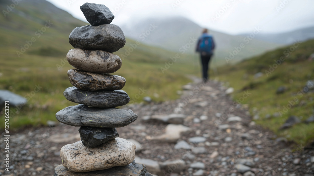 Hiker Following Cairns for Navigation on Mountain Trail