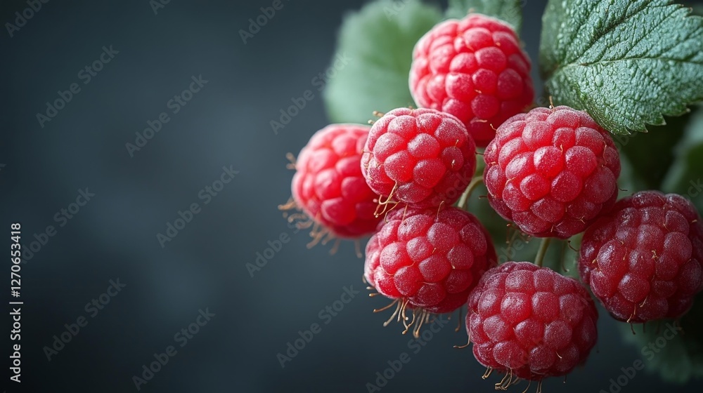 Close-Up of Fresh Raspberries with Leaves on Dark Background. Generative AI Close-Up of Fresh Raspberries with Leaves on Dark Background. Generative AI