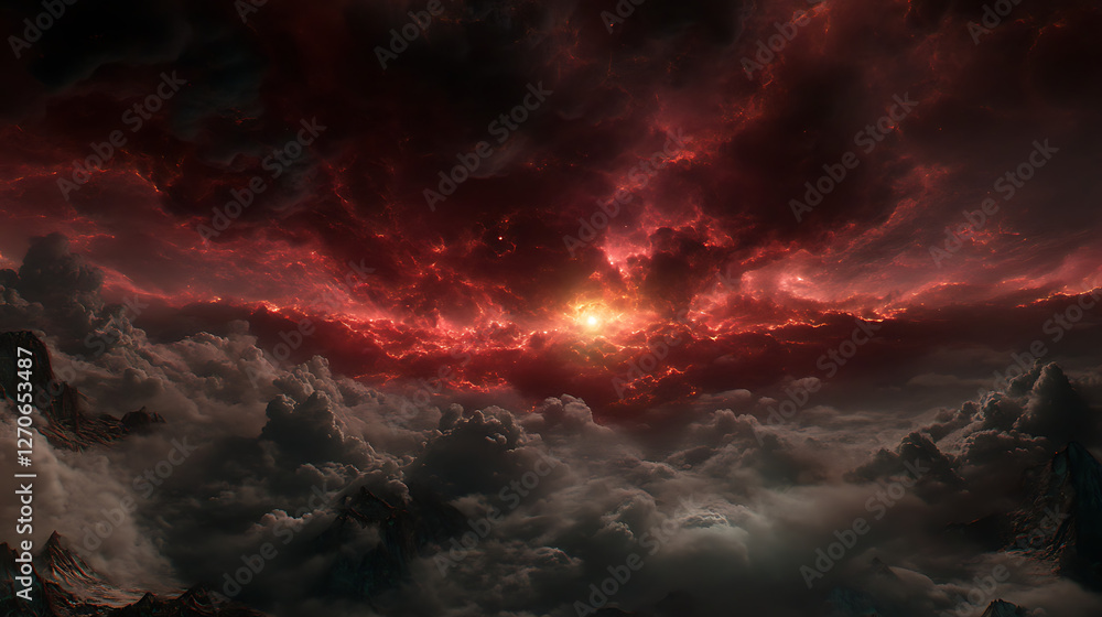 Naklejka premium Fiery Sky Cloudscape with Mountainous Horizon in a Dramatic Landscape