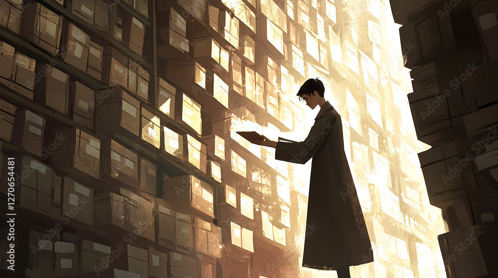 Exploring the archive a contemplative figure in a dimly lit warehouse of endless boxes Exploring the archive a contemplative figure in a dimly lit warehouse of endless boxes