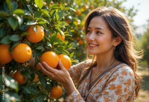 Woman enjoying orange picking in sunny orchard setting