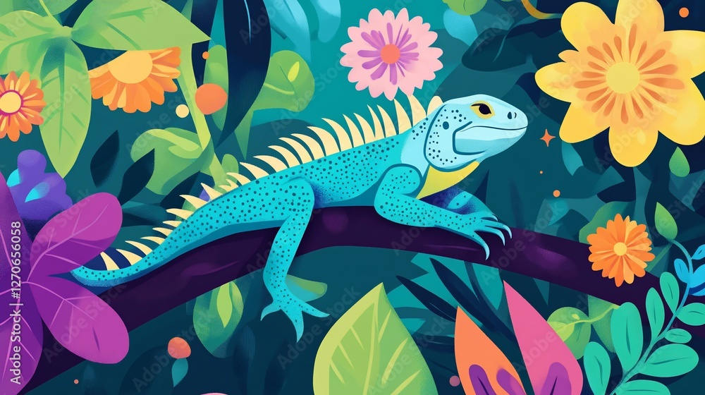 Fototapeta premium Stylized iguana illustration with vibrant jungle foliage, colorful flora, and a whimsical cartoon art style