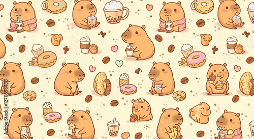 Cute Capybara Coffee and Bubble Tea, Wallpaper Background