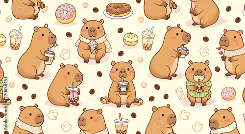 Cute Capybara Coffee and Bubble Tea, Wallpaper Background