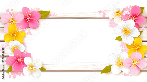Floral Frame on Light Wood Textured Background Colorful Blossoms Decorative Border Elegant Design
