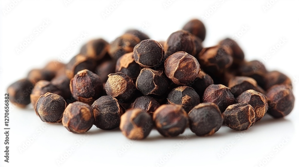 Close-up of black peppercorns isolated on white background. Generative AI Close-up of black peppercorns isolated on white background. Generative AI