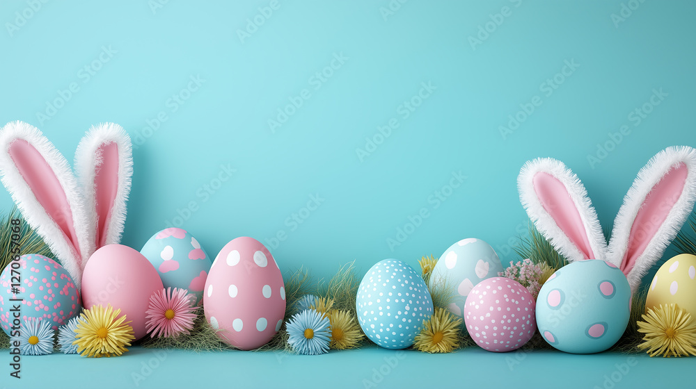 Pastel Easter Eggs with Bunny Ears and Spring Flowers on Blue Background Pastel Easter Eggs with Bunny Ears and Spring Flowers on Blue Background