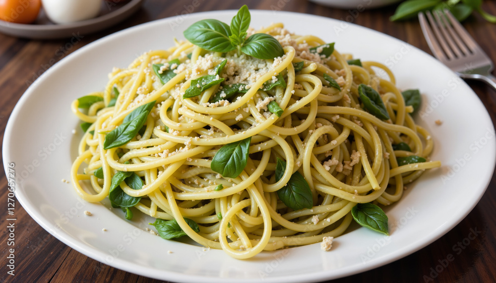 Delicious pesto pasta on wooden table, culinary inspiration Delicious pesto pasta on wooden table, culinary inspiration