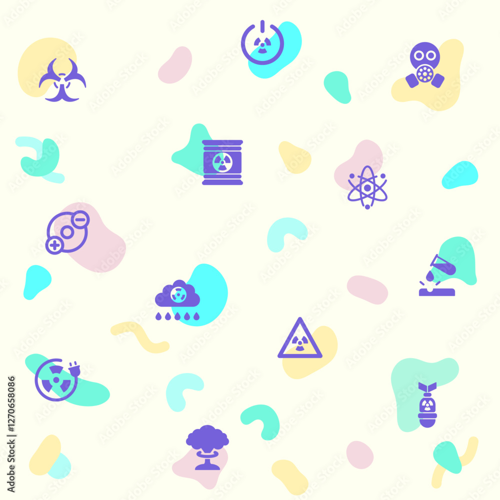 Vector illustration of a cute Nuclear And biohazard Technology. Collection of energy, power, danger, atom, bomb, plant, barrel, molecule, radiation and other elements. Isolated on beige. Vector illustration of a cute Nuclear And biohazard Technology. Collection of energy, power, danger, atom, bomb, plant, barrel, molecule, radiation and other elements. Isolated on beige.