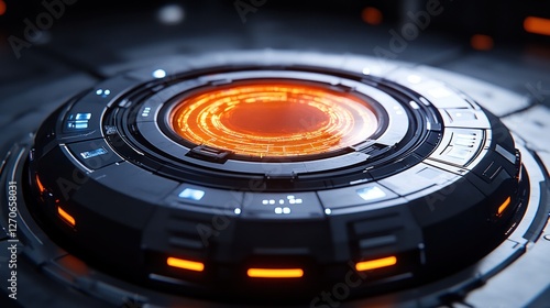 Futuristic tech orb activating in dark space station