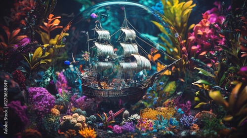 Fototapeta Naklejka Na Ścianę i Meble -  Beautiful underwater scene with a model ship in a colorful coral reef surrounded by vibrant aquatic plants and exotic creatures