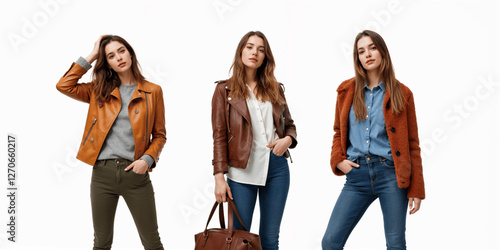 Autumn Fashion Three Women Model Leather Jackets, Coats, and Jeans