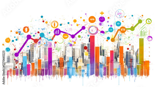 Dynamic business growth visualized in a colorful cityscape infographic style urban environment bird's eye view