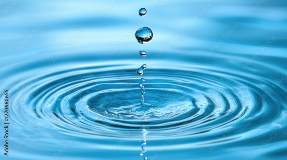 Close-up of water droplets falling and creating ripples on a blue surface. Close-up of water droplets falling and creating ripples on a blue surface.