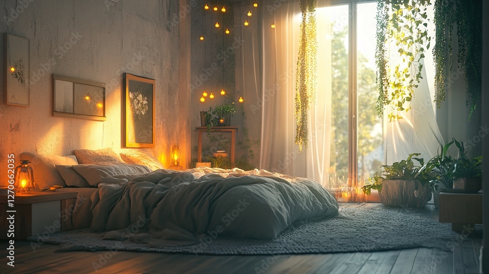 A tranquil bedroom scene featuring warm lighting, plush bedding, and a calming ambiance A tranquil bedroom scene featuring warm lighting, plush bedding, and a calming ambiance