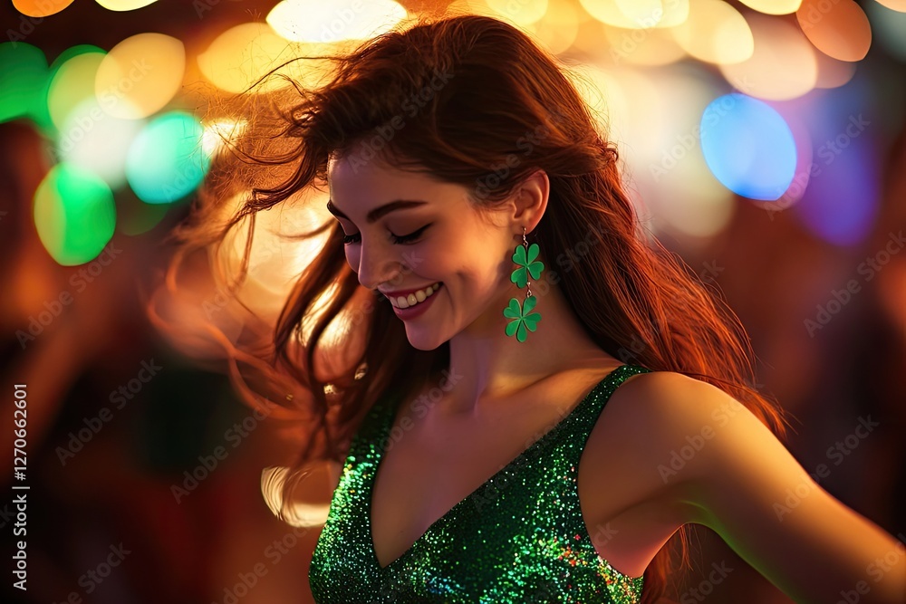 Naklejka premium Joyful celebration with vibrant green attire, shimmering lights,