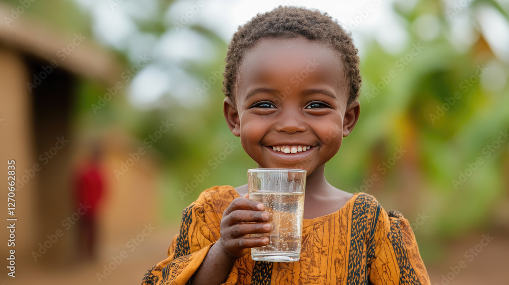 Fototapeta premium Young child stands outdoors, beaming with a bright smile while holding a glass of clean water. Copy space